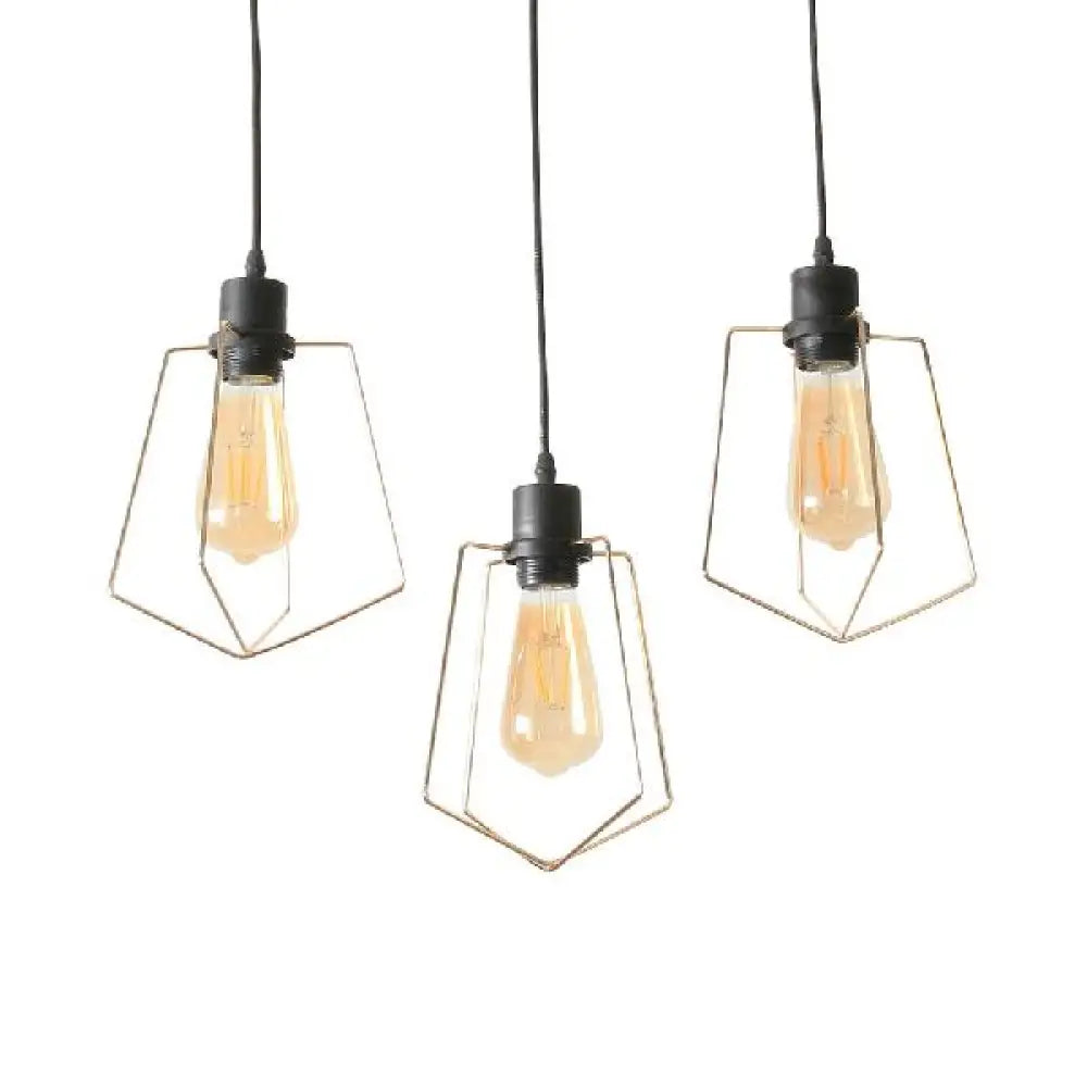 Industrial Metal Ceiling Pendant Fixture With 3 Suspended Lights - Gold Ring/Pentagon/Admix