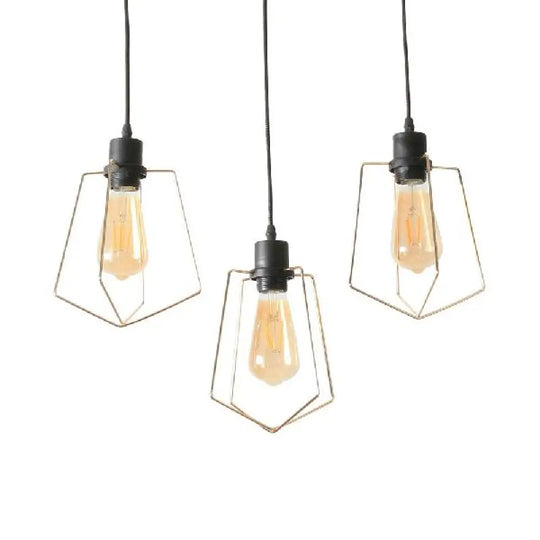 Industrial Metal Ceiling Pendant Fixture With 3 Suspended Lights - Gold Ring/Pentagon/Admix
