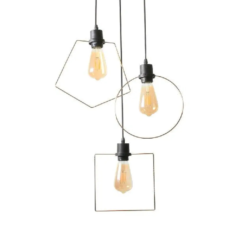 Industrial Metal Ceiling Pendant Fixture With 3 Suspended Lights - Gold Ring/Pentagon/Admix