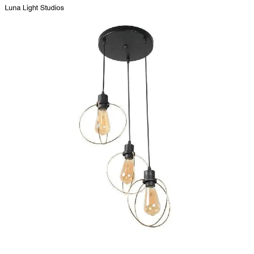 Industrial Metal Ceiling Pendant Light With Gold Ring And Pentagon Design - 3 Lights Suspended Lamp