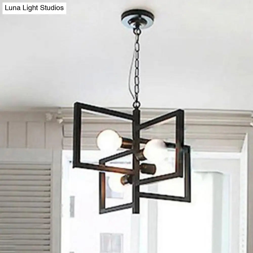 Industrial Metal Chandelier: 4-Light Square Pendant For Restaurants