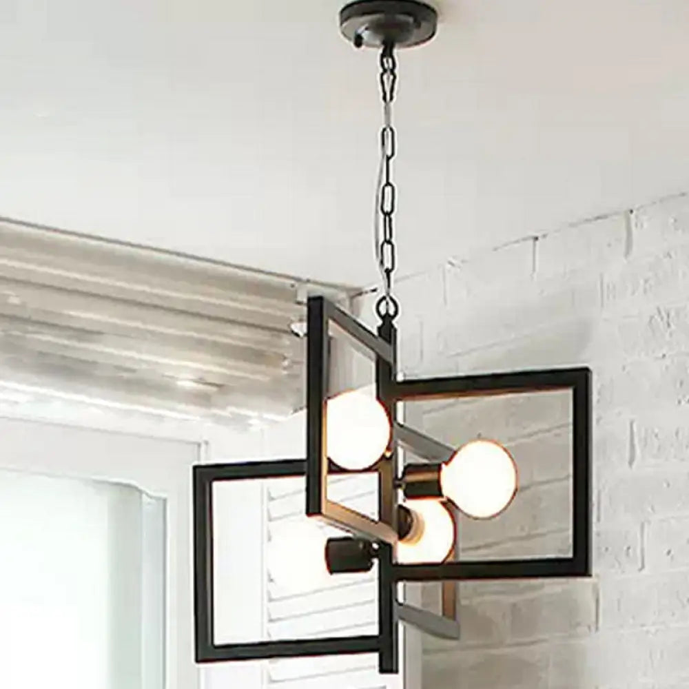 Industrial Metal Chandelier: 4-Light Square Pendant For Restaurants Black