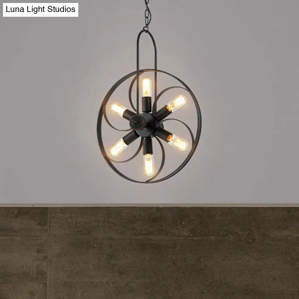 Industrial Style Black Metal Chandelier Light: 6-Light Dining Room Pendant With Adjustable Chain