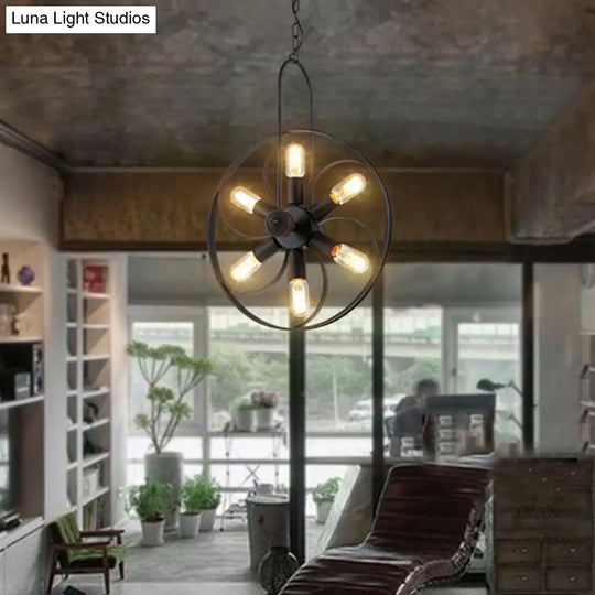 Industrial Metal Chandelier - Black Wheel Pendant Light With 6 Adjustable Lights For Dining Room