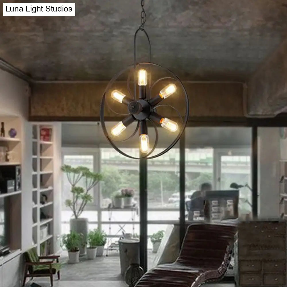 Industrial Style Black Metal Chandelier Light: 6-Light Dining Room Pendant With Adjustable Chain