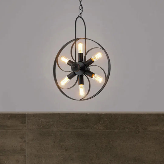 Industrial Metal Chandelier - Black Wheel Pendant Light With 6 Adjustable Lights For Dining Room