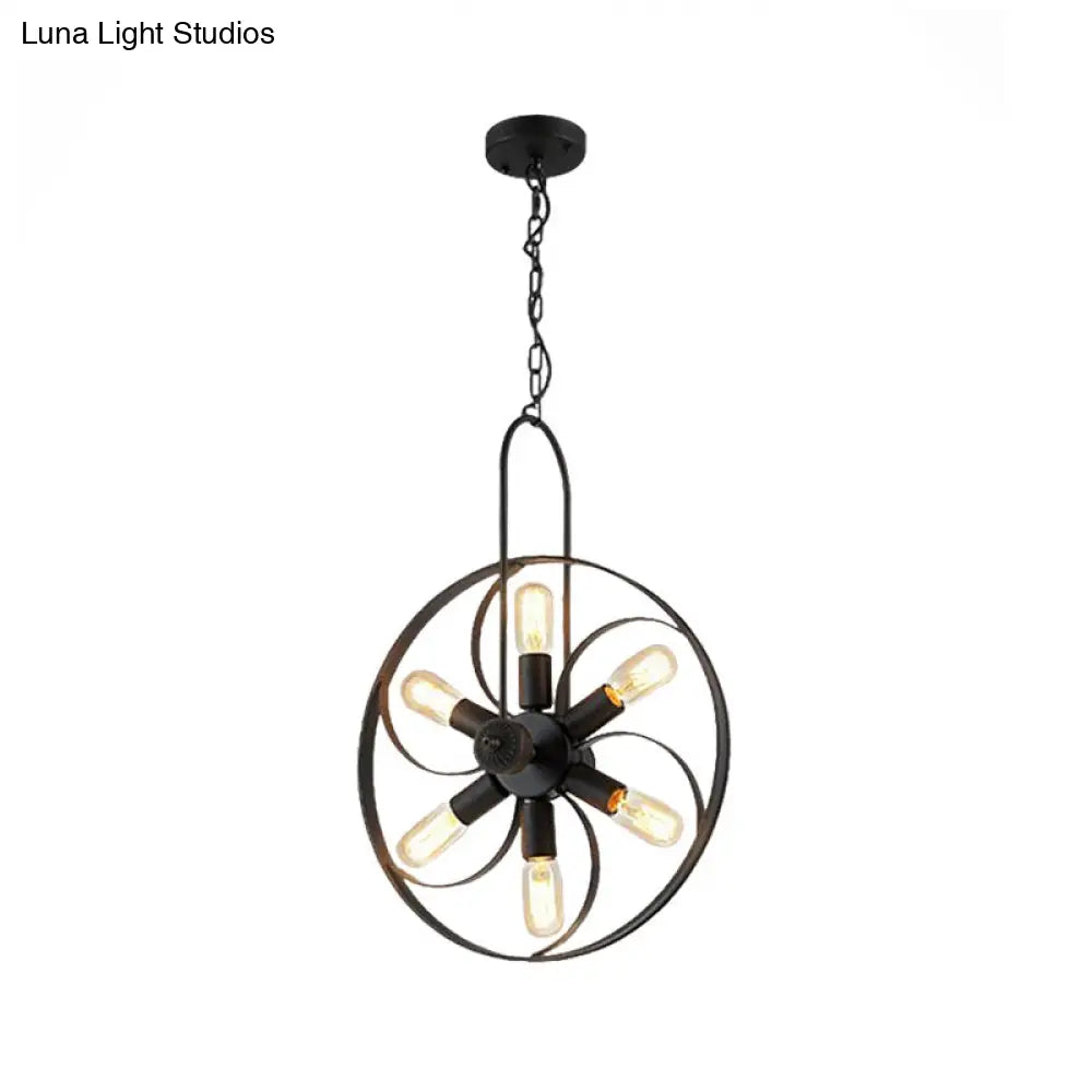 Industrial Metal Chandelier - Black Wheel Pendant Light With 6 Adjustable Lights For Dining Room