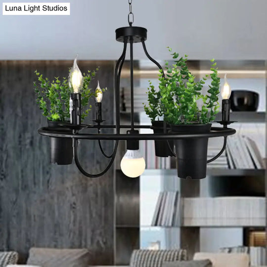 Industrial Metal Chandelier Light - 4/7 Bulbs Led Hanging Lamp In Black With Plant Perfect For