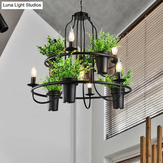 Industrial 4/7 Bulb Candle Metal Chandelier Light: Black Led Restaurant Hanging Lamp With Plant 7 /