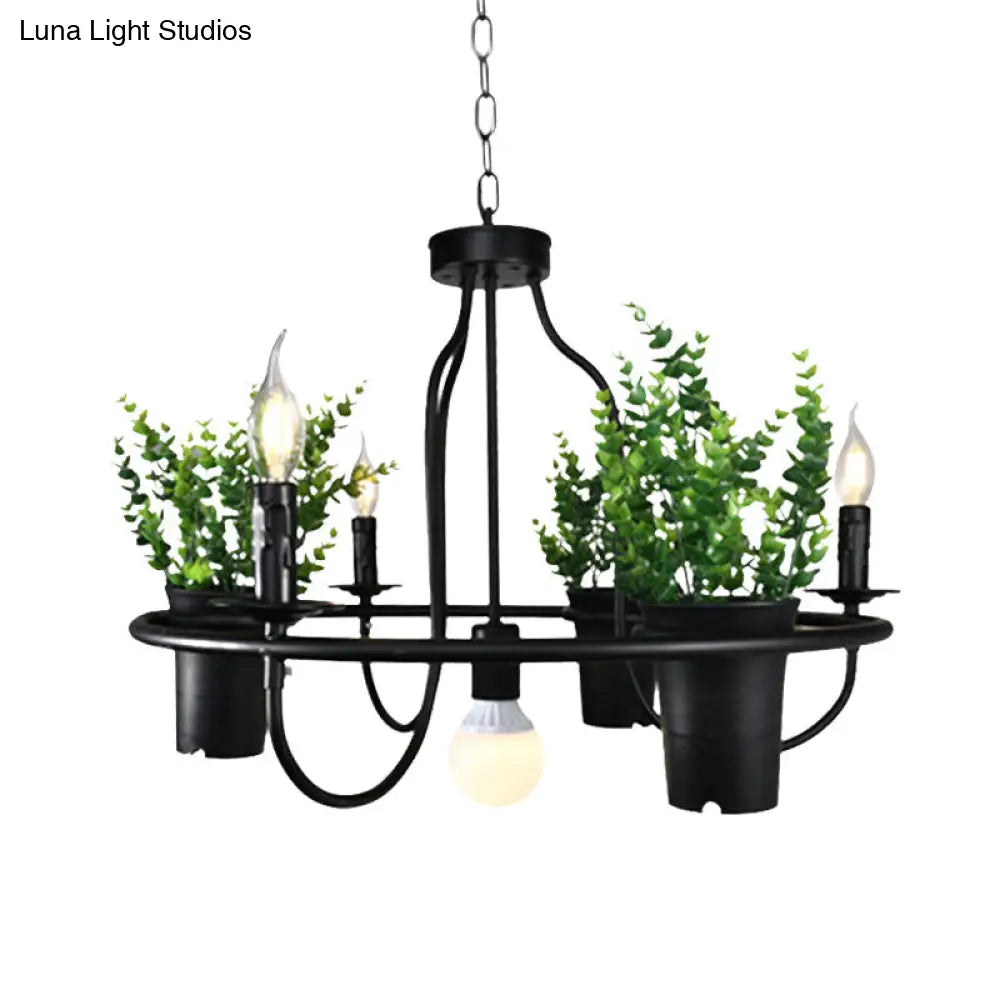 Industrial 4/7 Bulb Candle Metal Chandelier Light: Black Led Restaurant Hanging Lamp With Plant