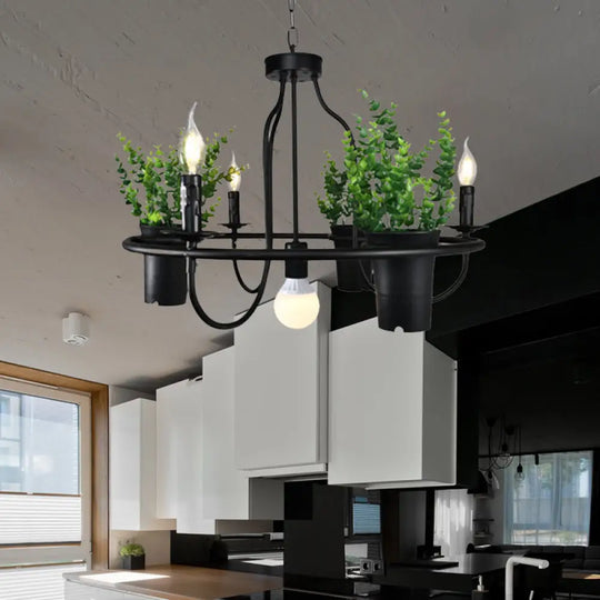 Industrial Metal Chandelier Light - 4/7 Bulbs Led Hanging Lamp In Black With Plant Perfect For