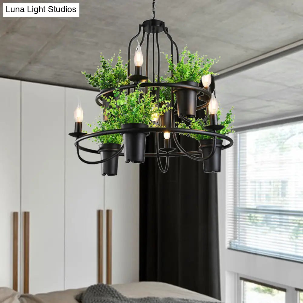 Industrial 4/7 Bulb Candle Metal Chandelier Light: Black Led Restaurant Hanging Lamp With Plant