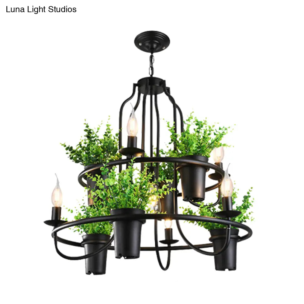 Industrial Metal Chandelier Light - 4/7 Bulbs Led Hanging Lamp In Black With Plant Perfect For