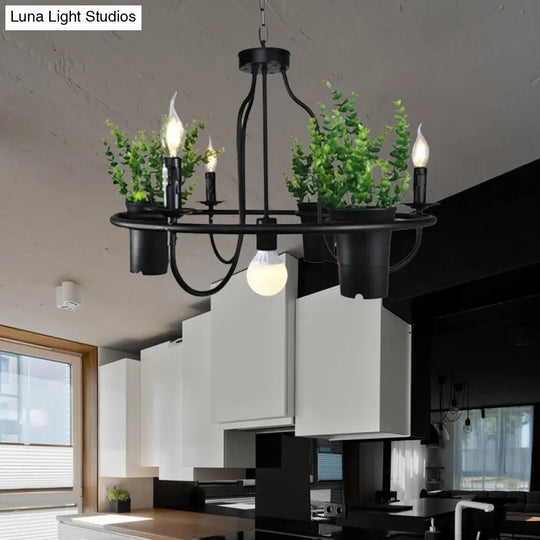 Industrial 4/7 Bulb Candle Metal Chandelier Light: Black Led Restaurant Hanging Lamp With Plant 4 /