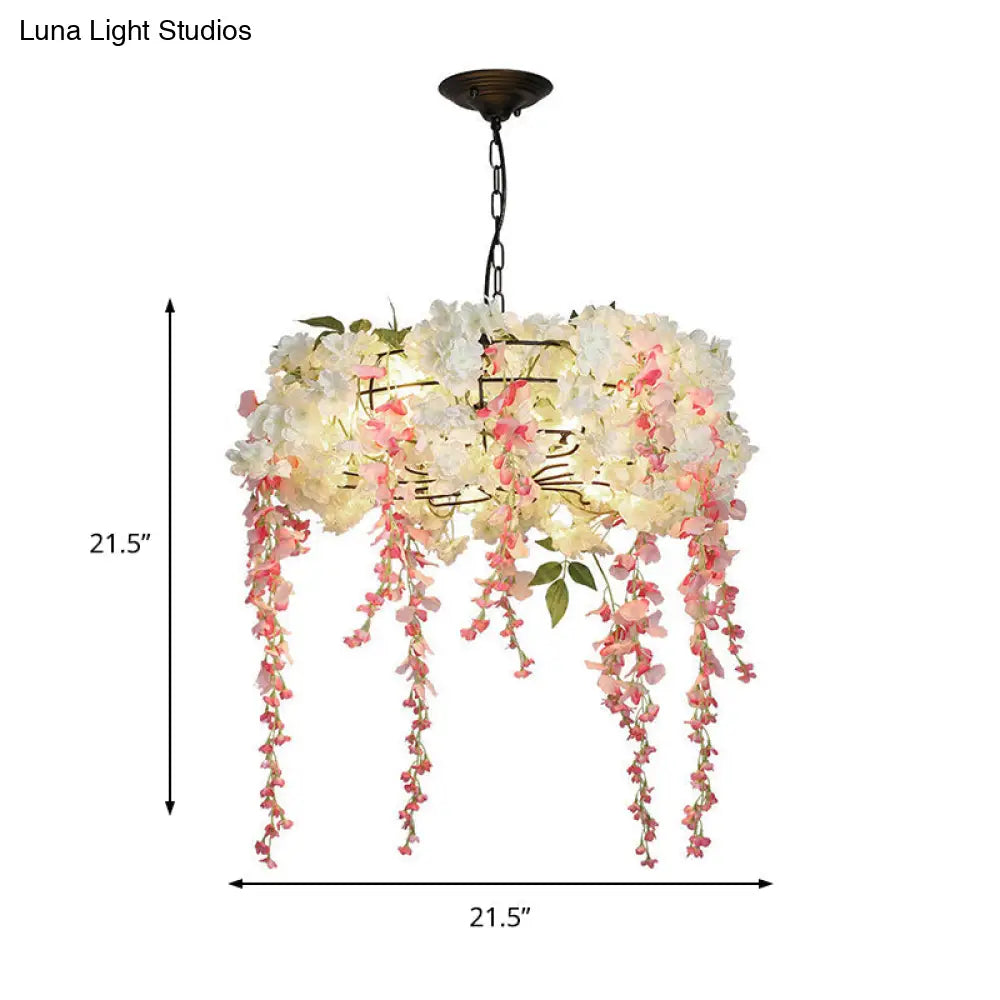 Industrial Metal Chandelier Light Fixture With 4/5 Pink Flower Decor Lights - Perfect For