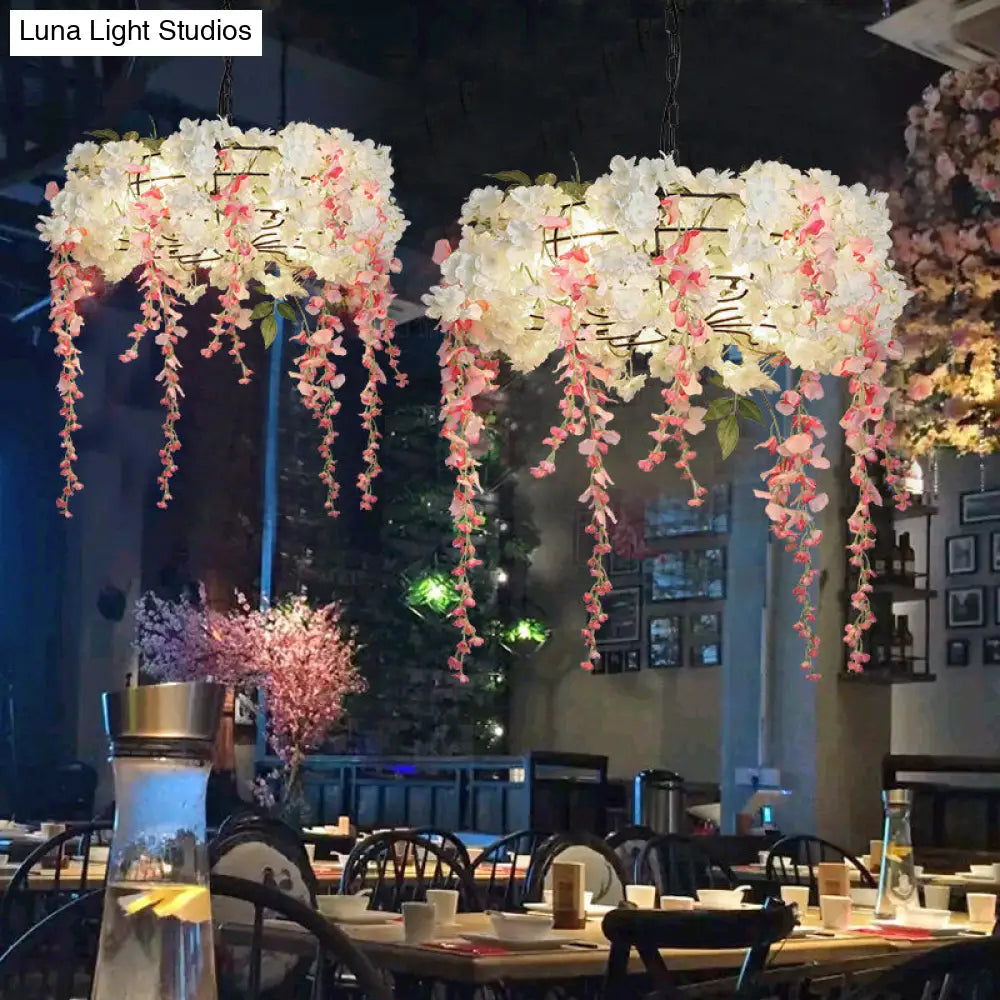 Industrial Metal Chandelier With Pink Flower Decoration - 4/5 Lights Restaurant Hanging Light