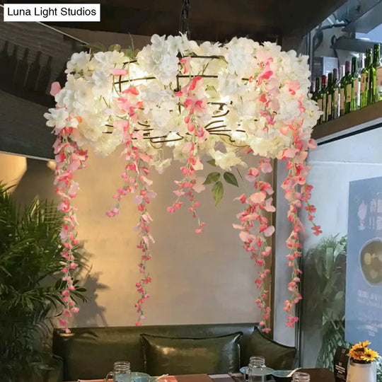 Industrial Metal Chandelier With Pink Flower Decoration - 4/5 Lights Restaurant Hanging Light