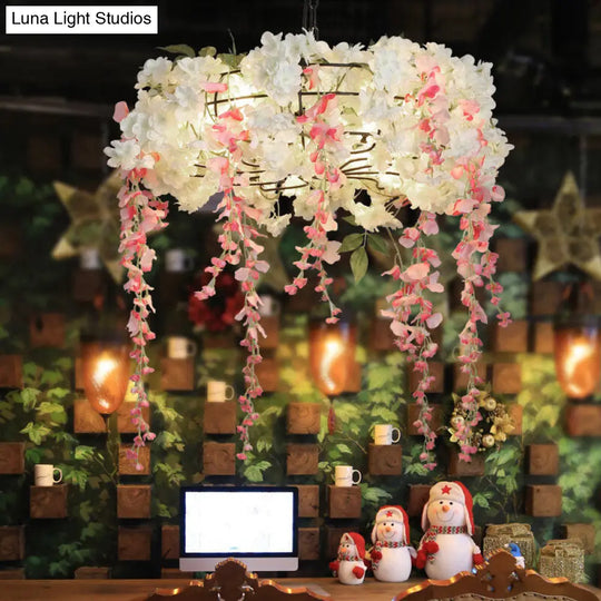 Industrial Metal Chandelier With Pink Flower Decoration - 4/5 Lights Restaurant Hanging Light