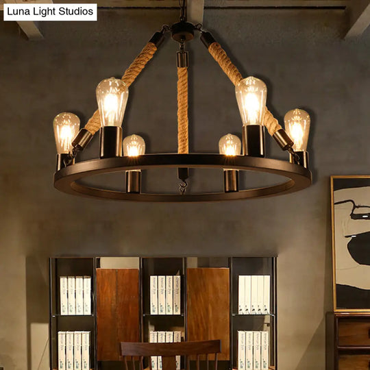 Industrial Open Bulb Metal Chandelier: 6/8-Light Black Pendant Lamp With Rope & Ring Design 6 /
