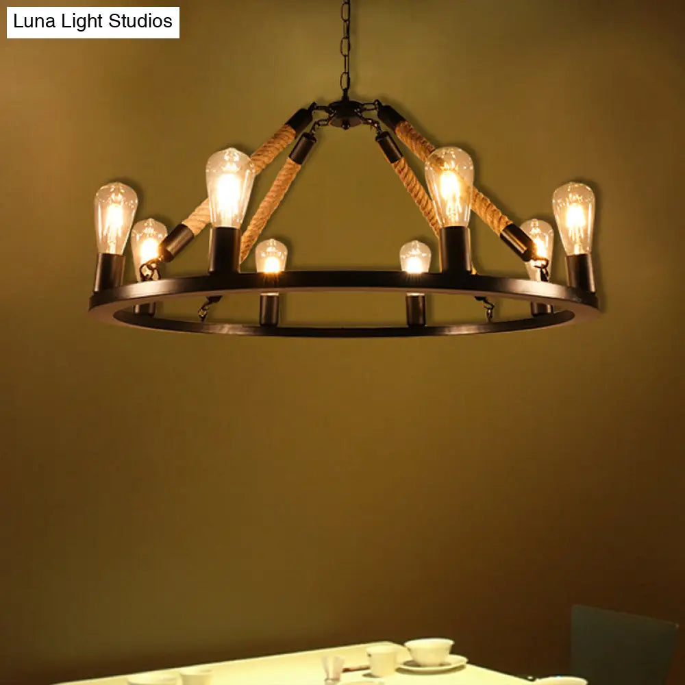 Industrial Open Bulb Metal Chandelier: 6/8-Light Black Pendant Lamp With Rope & Ring Design
