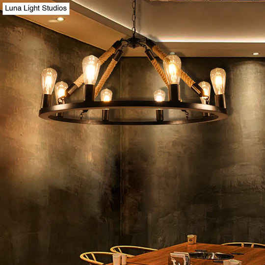 Industrial Open Bulb Metal Chandelier: 6/8-Light Black Pendant Lamp With Rope & Ring Design 8 /