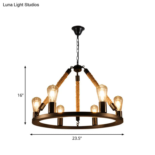Industrial Metal Chandelier: Open Bulb 6/8-Light Rope Pendant Lamp Black With Ring Design - Dining