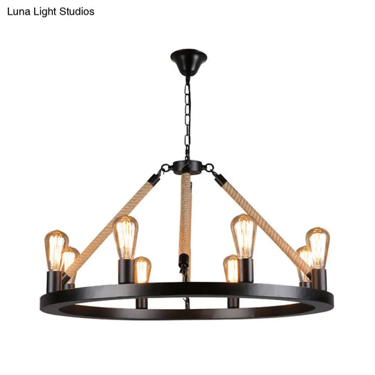 Industrial Metal Chandelier: Open Bulb 6/8-Light Rope Pendant Lamp Black With Ring Design - Dining