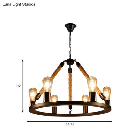 Industrial Open Bulb Metal Chandelier: 6/8-Light Black Pendant Lamp With Rope & Ring Design