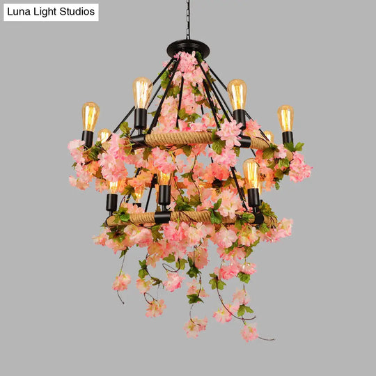 Industrial Metal Chandelier Pendant Light - Pink 2 Tiers 14 Heads Restaurant Hanging Lamp With