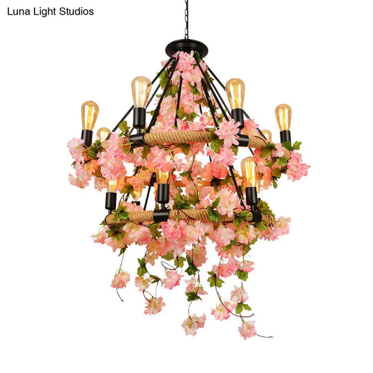 Industrial Metal Chandelier Pendant Light - Pink 2 Tiers 14 Heads Restaurant Hanging Lamp With