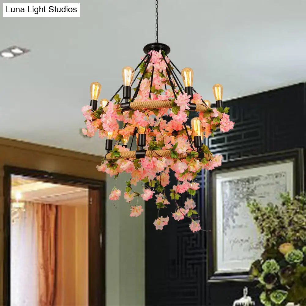 Pink Industrial Metal Chandelier Pendant Light With Cherry Blossom Accents