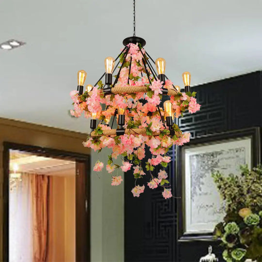 Industrial Metal Chandelier Pendant Light - Pink 2 Tiers 14 Heads Restaurant Hanging Lamp With