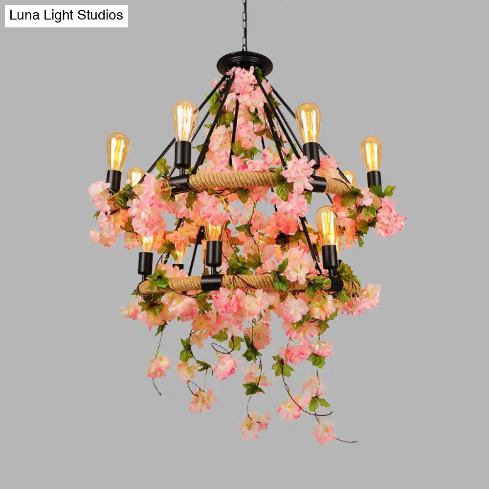 Pink Industrial Metal Chandelier Pendant Light With Cherry Blossom Accents