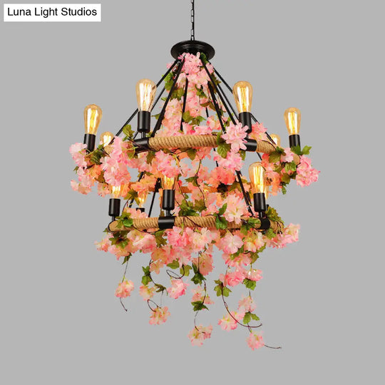 Pink Industrial Metal Chandelier Pendant Light With Cherry Blossom Accents