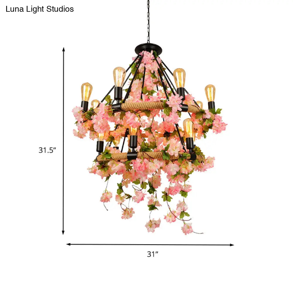 Industrial Metal Chandelier Pendant Light - Pink 2 Tiers 14 Heads Restaurant Hanging Lamp With