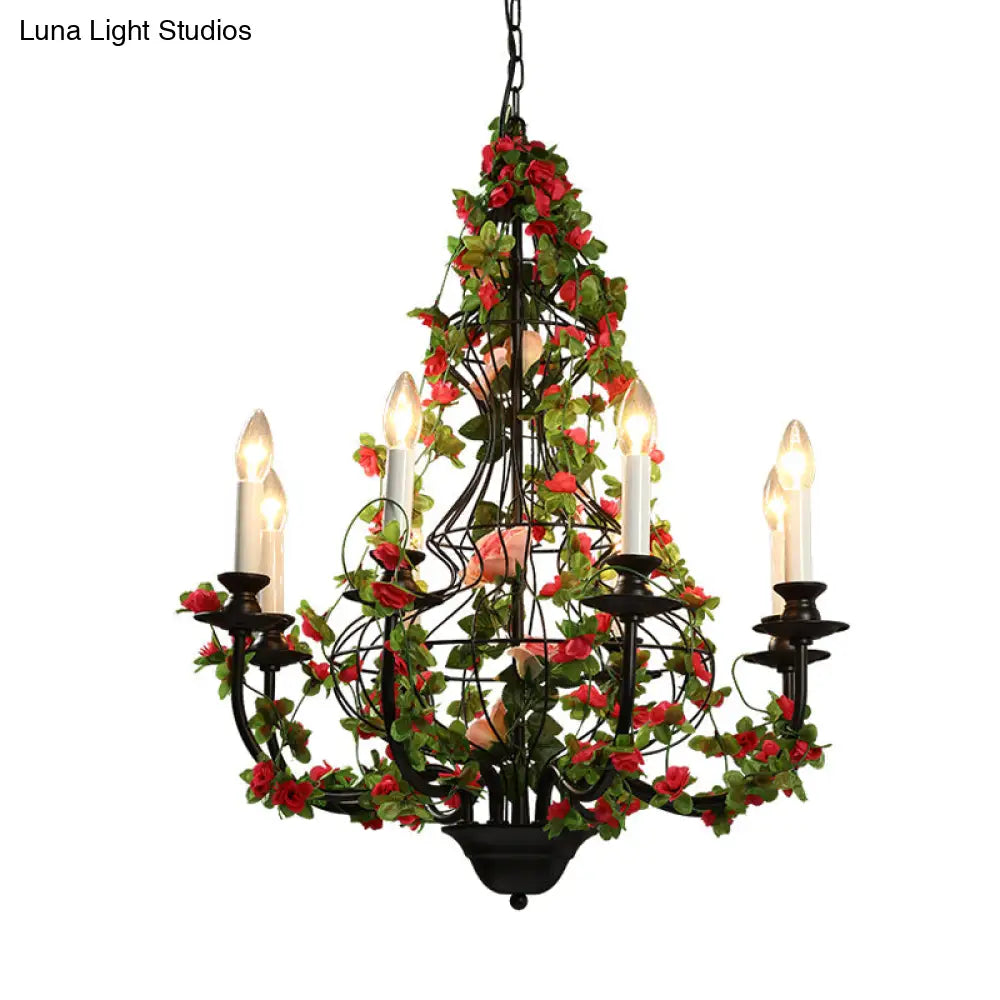 Industrial Metal Chandelier With 8 Led Lights For Restaurant - Black Finish Flower Decor