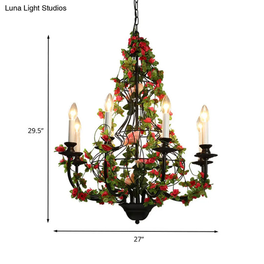 Industrial Metal Chandelier With 8 Led Lights For Restaurant - Black Finish Flower Decor