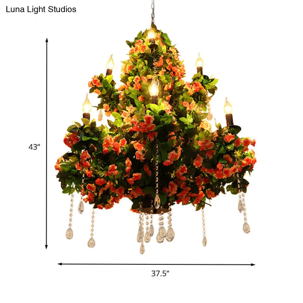 Black Metal Chandelier With 12 Candle Led Bulbs Industrial Floral Hanging Light Fixture Crystal