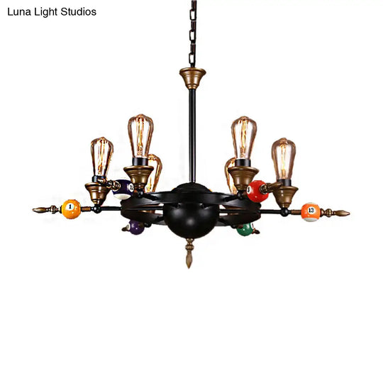 Industrial Metal Chandelier Lighting - Exposed Bulb 4/6 Light Pendant In Black With Wheel Shelf