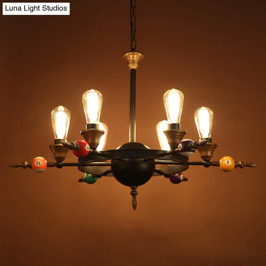 Industrial Metal Chandelier Lighting - Exposed Bulb 4/6 Light Pendant In Black With Wheel Shelf