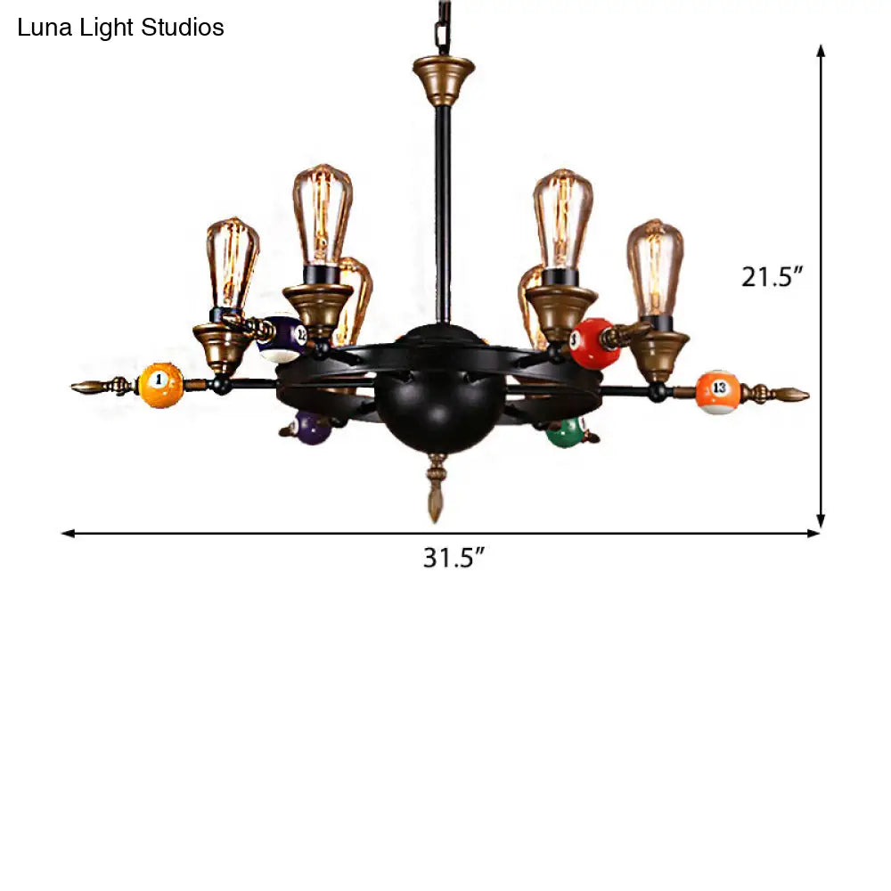 Industrial Metal Chandelier Lighting - Exposed Bulb 4/6 Light Pendant In Black With Wheel Shelf