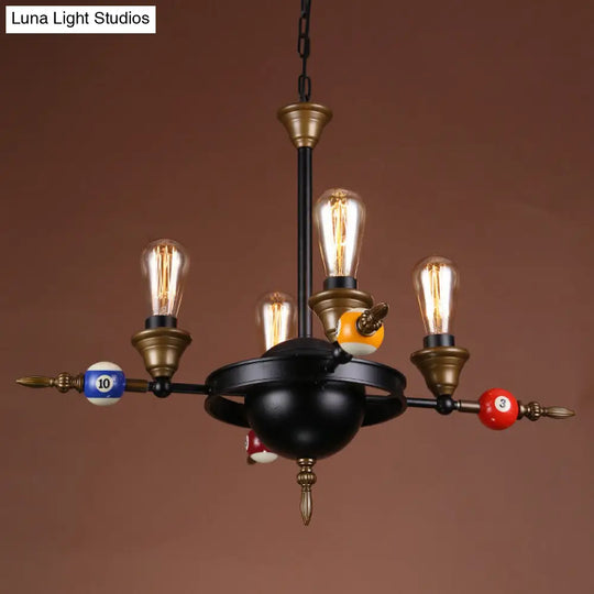 Industrial Metal Chandelier Lighting - Exposed Bulb 4/6 Light Pendant In Black With Wheel Shelf 4 /