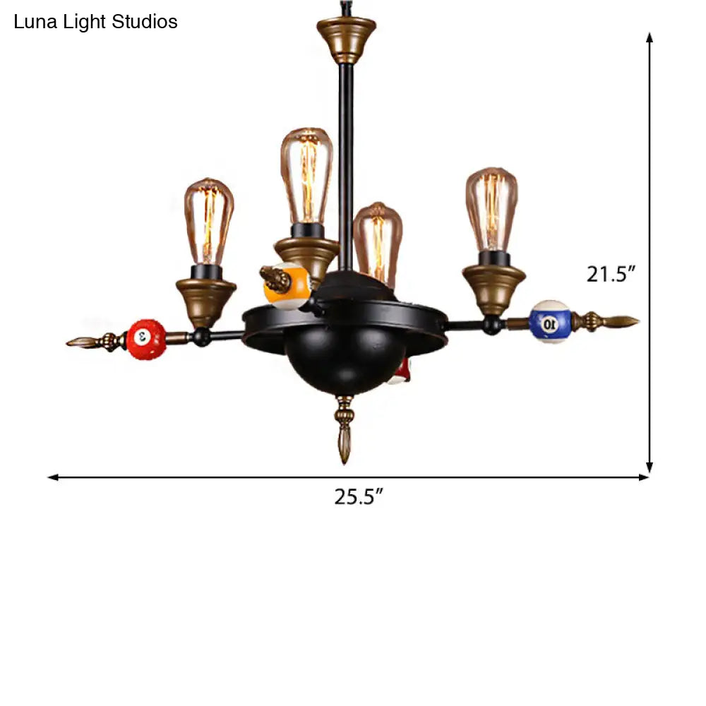 Industrial Metal Chandelier Lighting - Exposed Bulb 4/6 Light Pendant In Black With Wheel Shelf