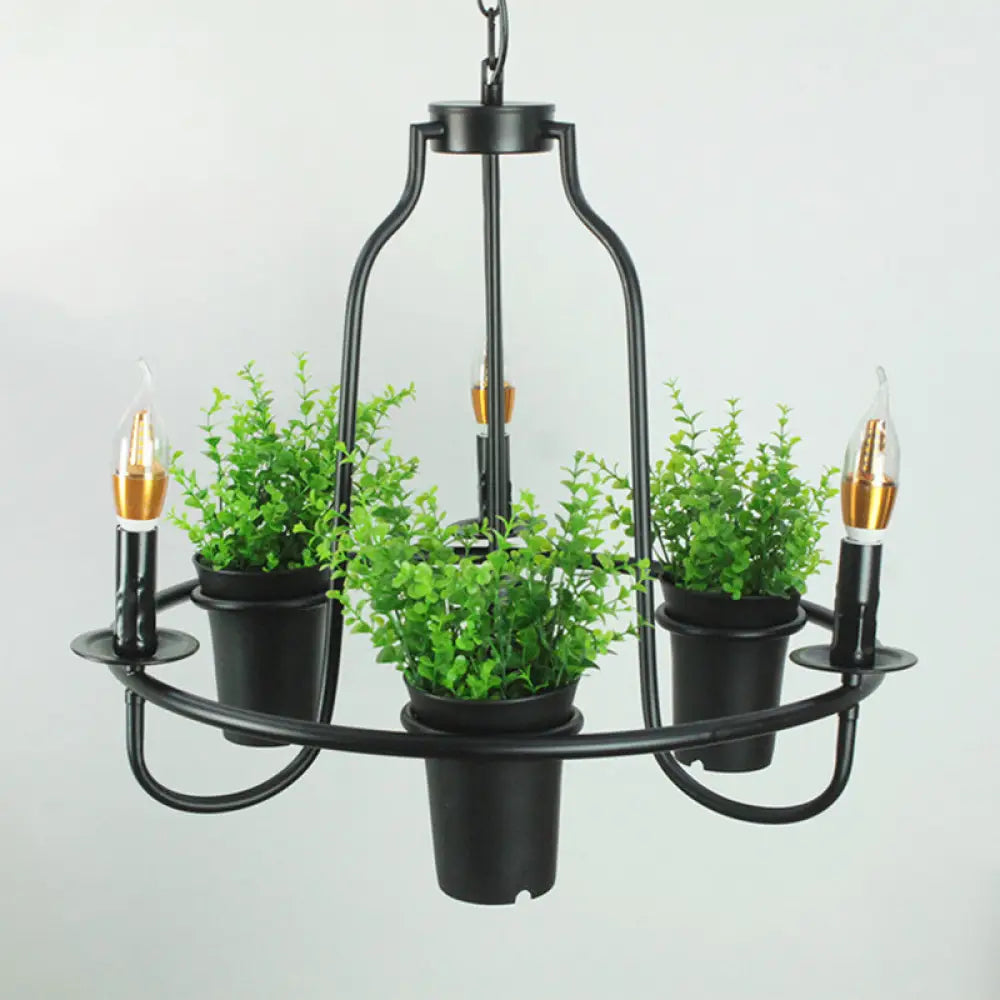 Industrial Metal Chandelier With Green Artificial Pot Plant Pendant Lights & 3 Bulbs For