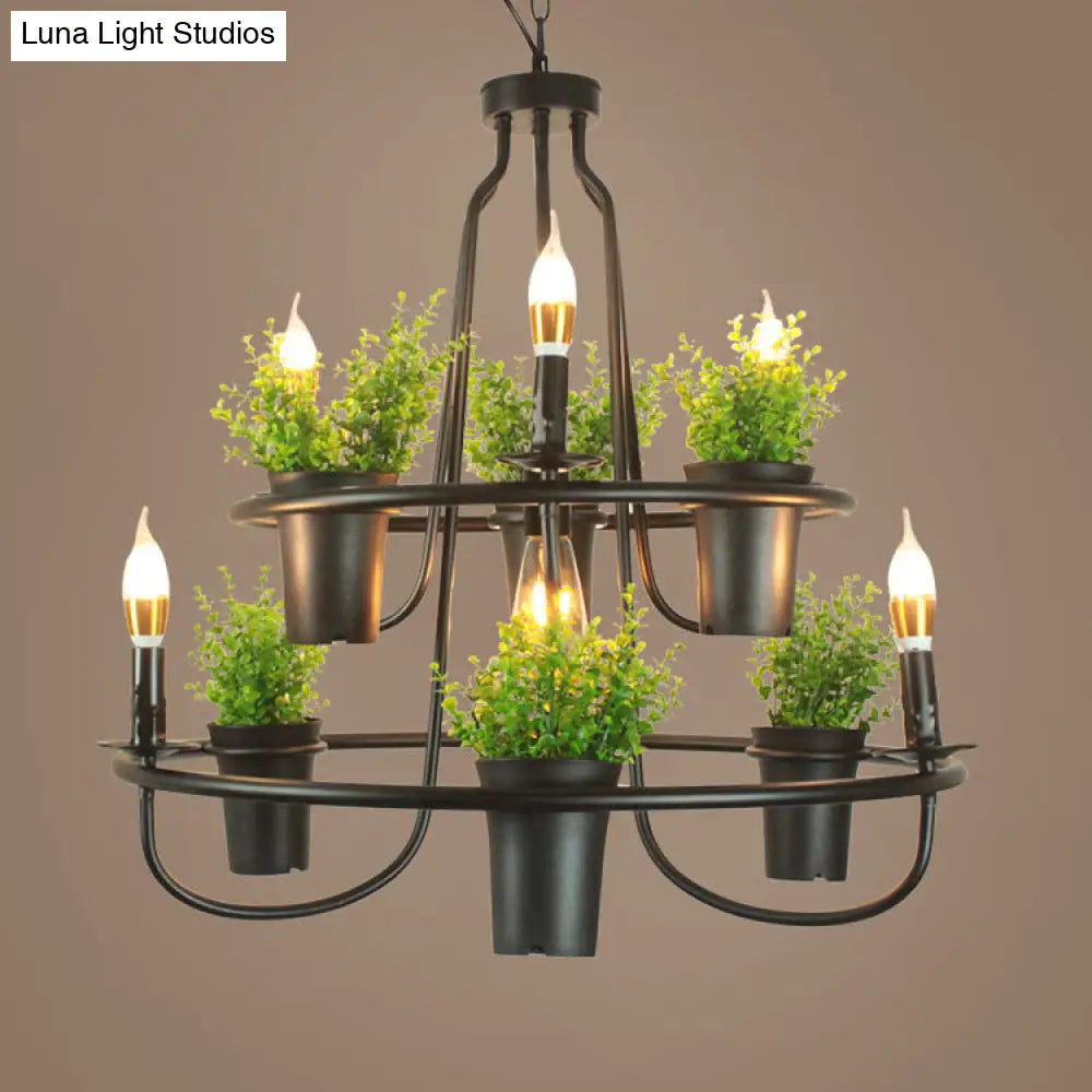 Industrial Metal Chandelier With Green Artificial Plant And 3 Bulbs For Restaurants