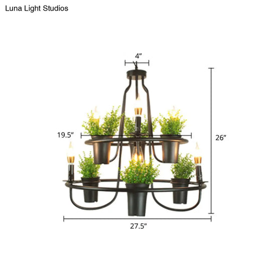 Industrial Metal Chandelier With Green Artificial Pot Plant Pendant Lights & 3 Bulbs For Restaurants