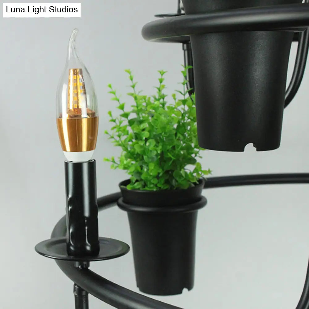 Industrial Metal Chandelier With Green Artificial Pot Plant Pendant Lights & 3 Bulbs For Restaurants
