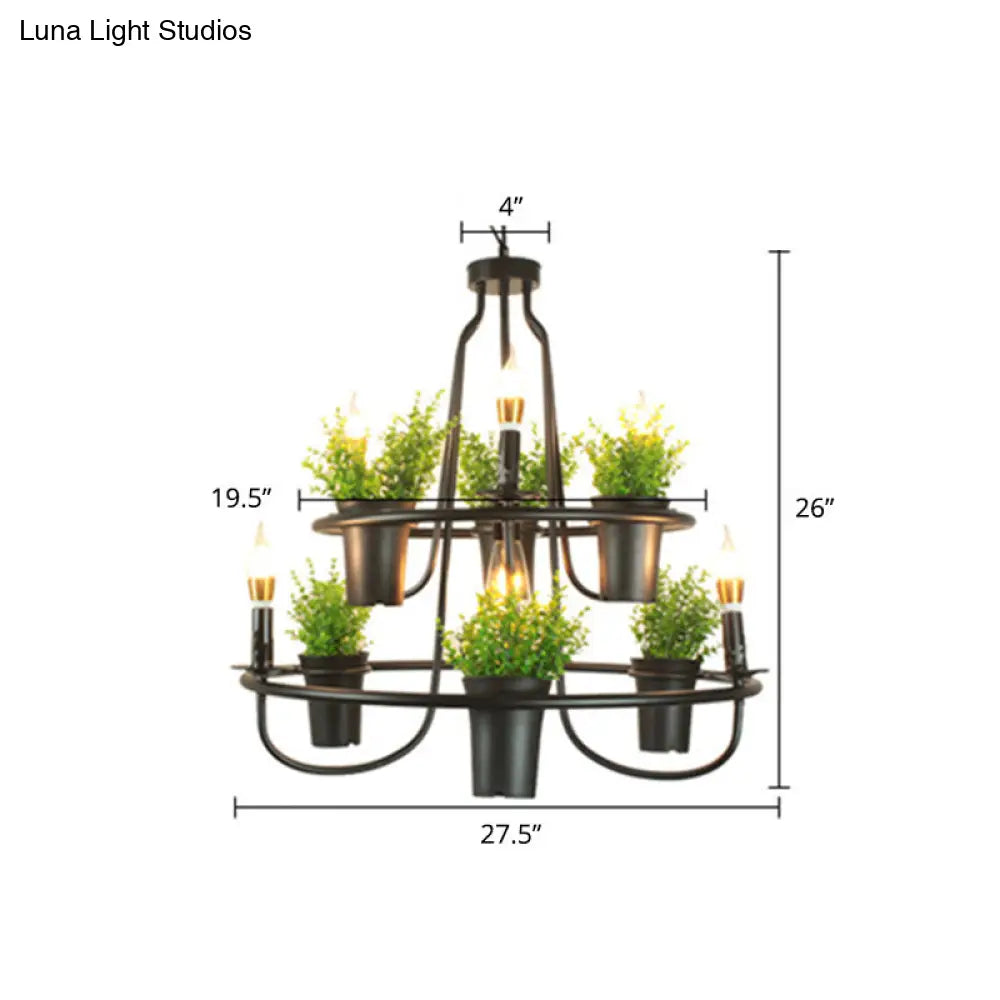 Industrial Metal Chandelier With Green Artificial Plant And 3 Bulbs For Restaurants