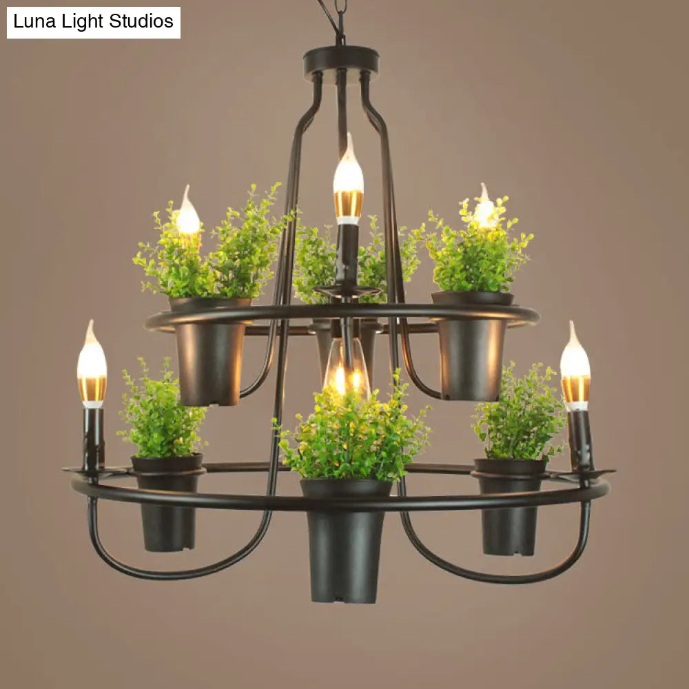 Industrial Metal Chandelier With Green Artificial Pot Plant Pendant Lights & 3 Bulbs For Restaurants