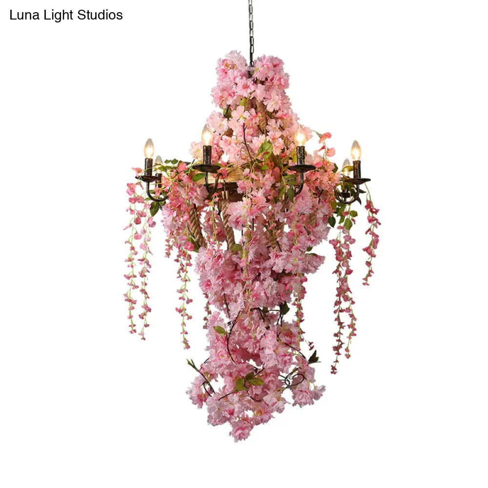 Industrial Metal Chandelier With Pink Led Flower Design - Candlestick Restaurant Light 6/8 Bulbs